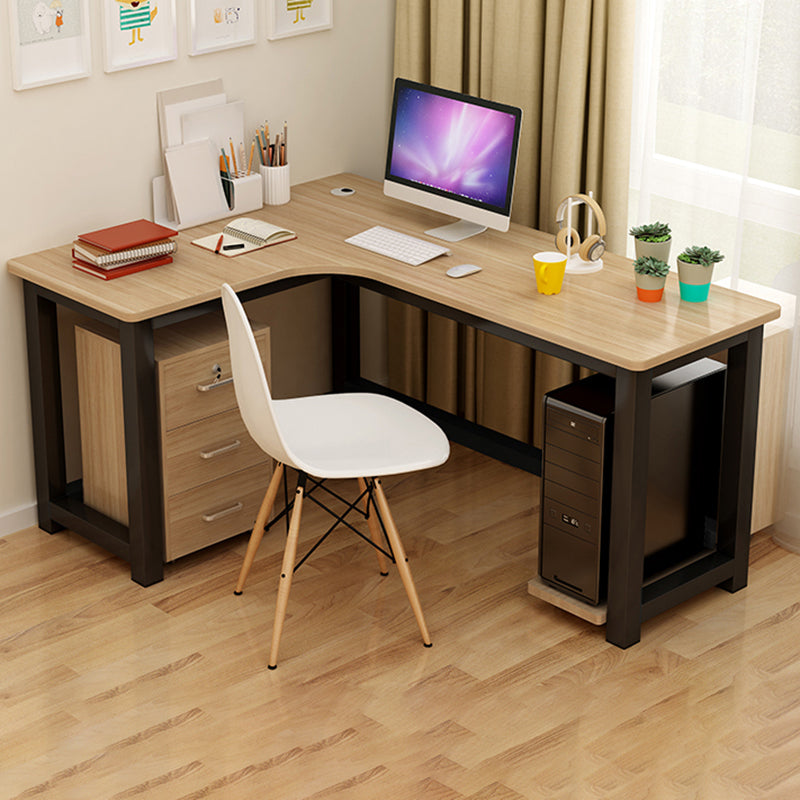 Modern Corner Wooden Writing Desk Cable Management H-Shape Office Desk with Metal Legs