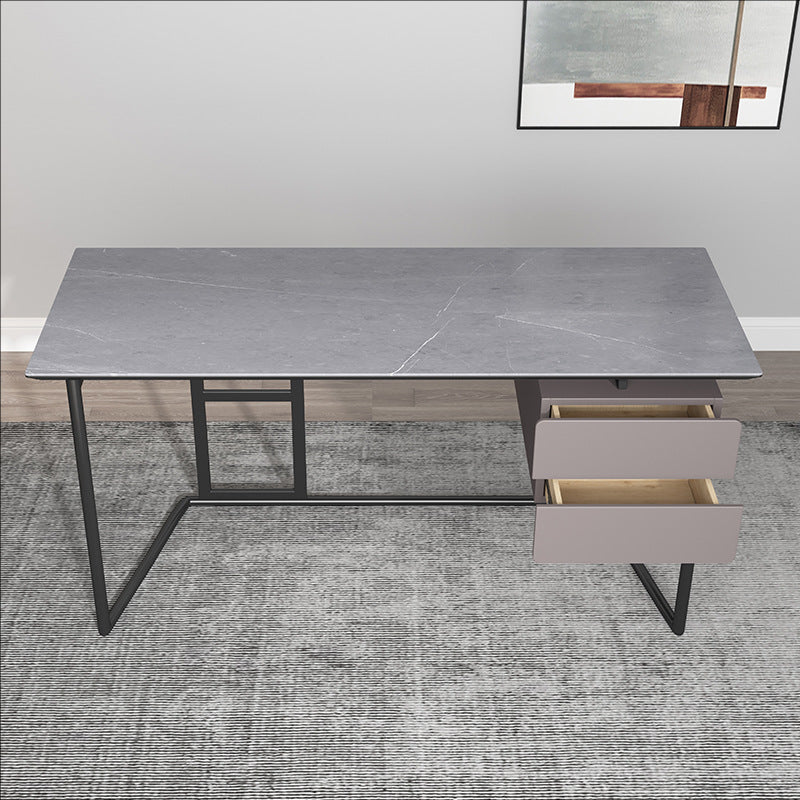 Rectangular Grey Writing Desk Metal and Stone Office Desk with 2 Drawers