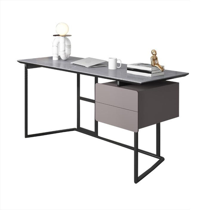 Rectangular Grey Writing Desk Metal and Stone Office Desk with 2 Drawers