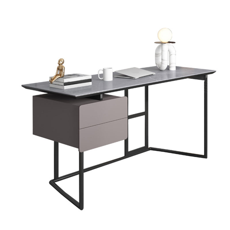 Rectangular Grey Writing Desk Metal and Stone Office Desk with 2 Drawers