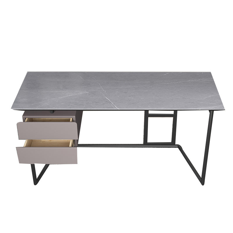 Rectangular Grey Writing Desk Metal and Stone Office Desk with 2 Drawers