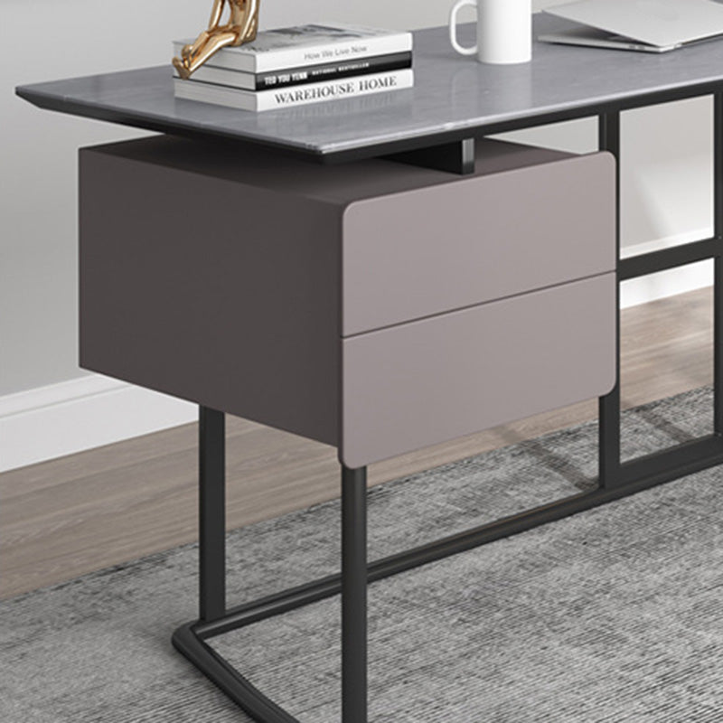 Rectangular Grey Writing Desk Metal and Stone Office Desk with 2 Drawers