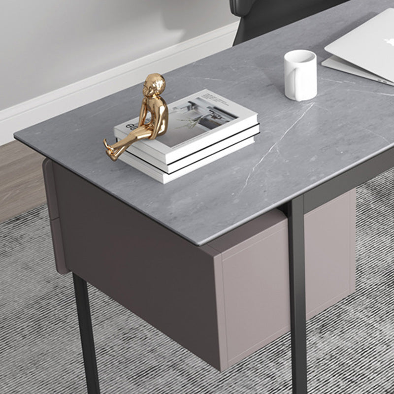 Rectangular Grey Writing Desk Metal and Stone Office Desk with 2 Drawers