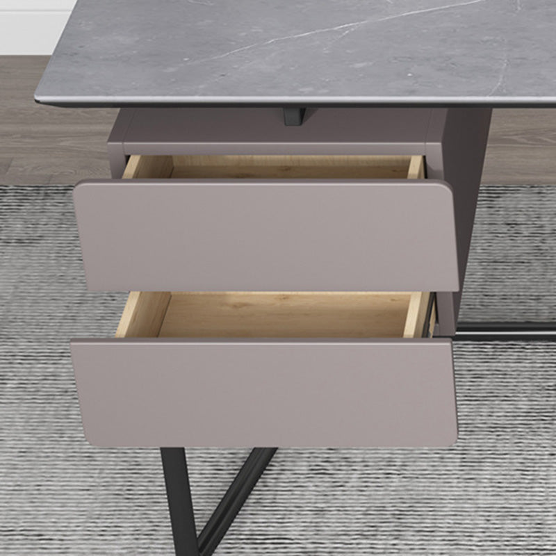 Rectangular Grey Writing Desk Metal and Stone Office Desk with 2 Drawers