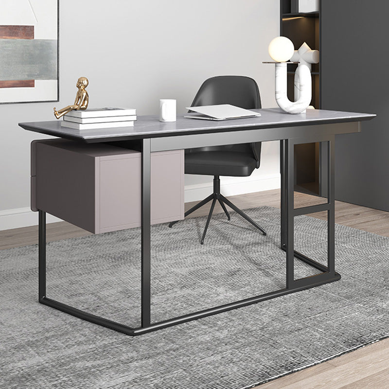 Rectangular Grey Writing Desk Metal and Stone Office Desk with 2 Drawers