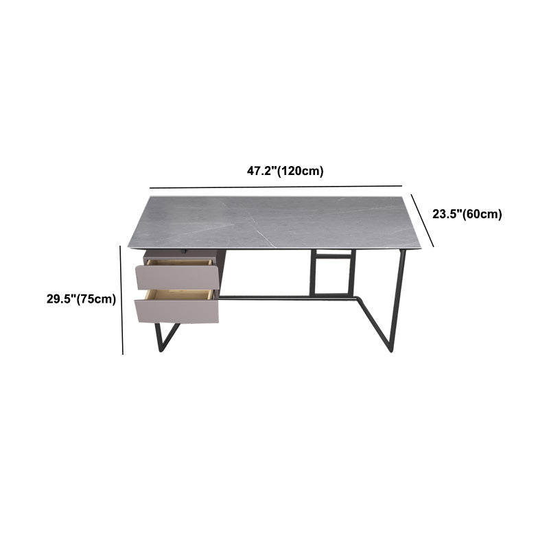 Rectangular Grey Writing Desk Metal and Stone Office Desk with 2 Drawers