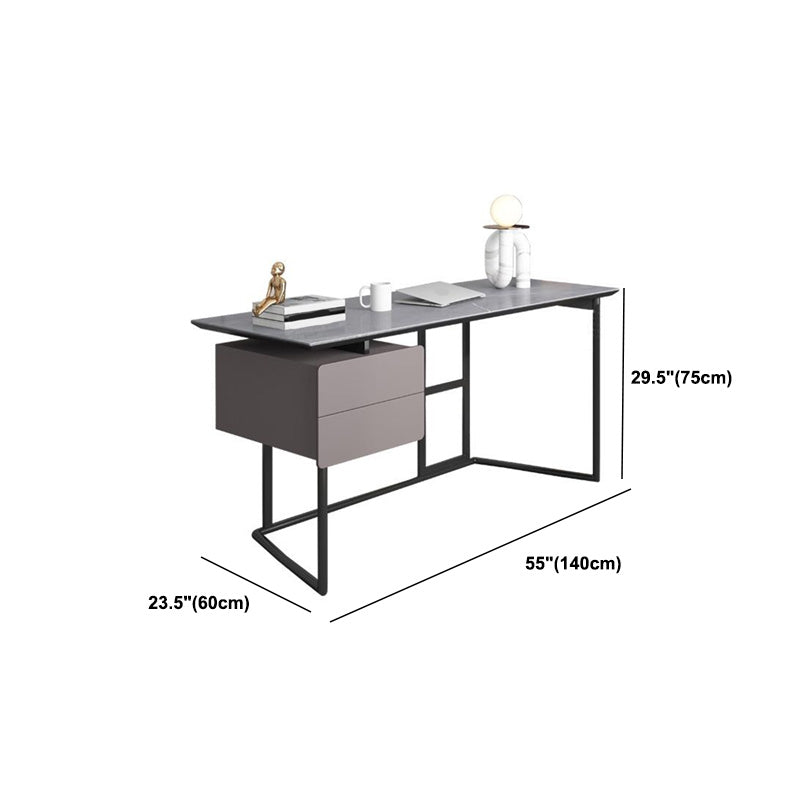 Rectangular Grey Writing Desk Metal and Stone Office Desk with 2 Drawers