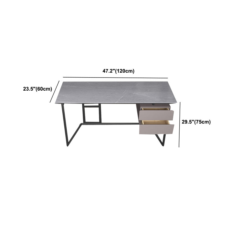 Rectangular Grey Writing Desk Metal and Stone Office Desk with 2 Drawers