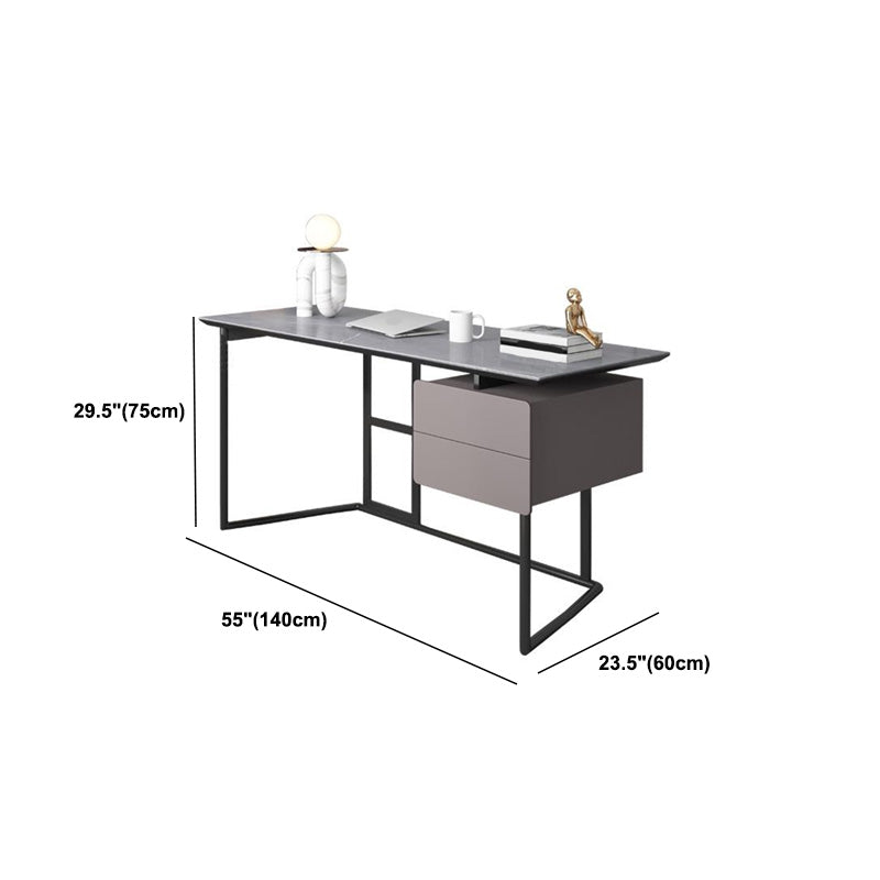 Rectangular Grey Writing Desk Metal and Stone Office Desk with 2 Drawers