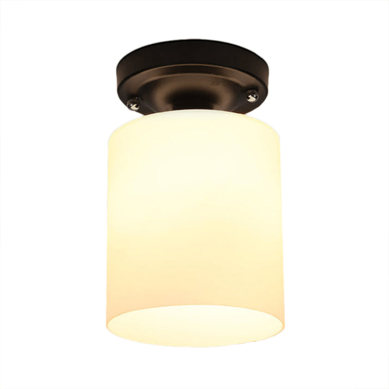 Black One Light Ceiling Mount Industrial Milky Glass Cylinder Semi Flush Light for Corridor