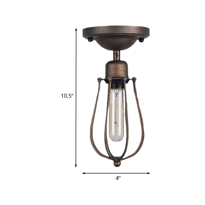 1 Bulb Ceiling Lighting with Wire Guard Wrought Iron Antique Style Bedroom Mini Semi Flush Light in Dark Rust