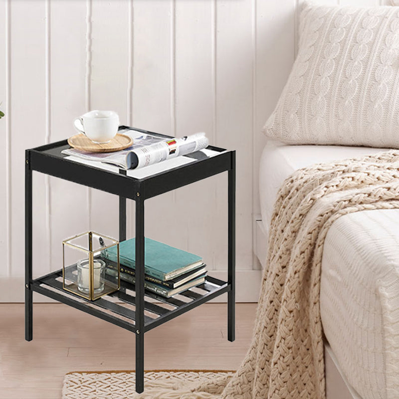 Wooden and Glass Bed Nightstand Modern Minimalist Open Bedside Table with Legs