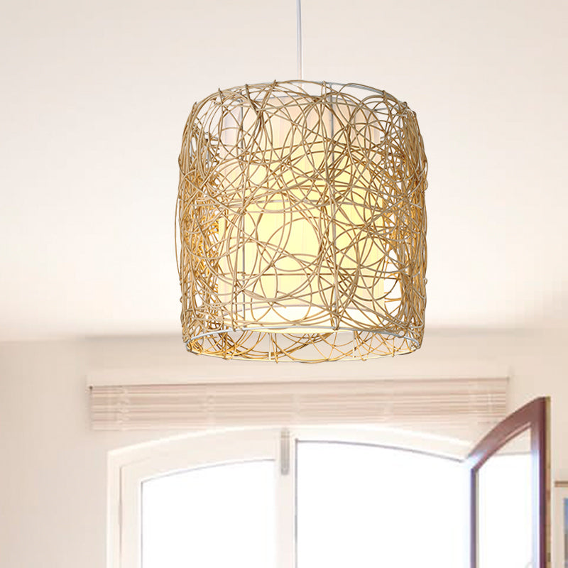 Woven Rattan Cylinder Pendant Lamp Rustic Single Head Hanging Light with Fabric Interior Shade