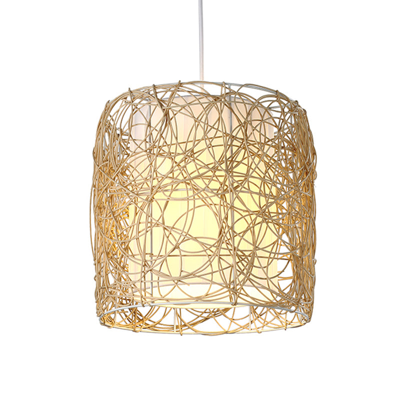 Woven Rattan Cylinder Pendant Lamp Rustic Single Head Hanging Light with Fabric Interior Shade