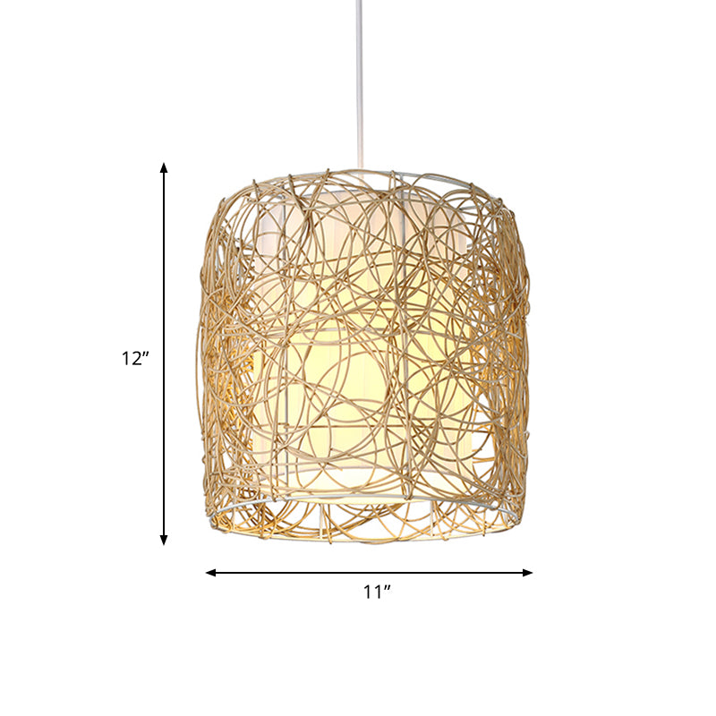 Pendre du cylindre de rotin tissé lampe à tête unique rustique Lumière avec une teinte intérieure en tissu