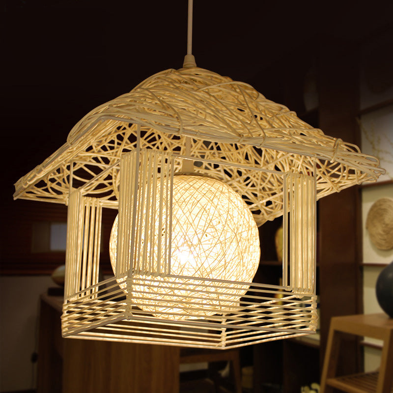 Beige/Brown/White House Shaped Hanging Light Rustic Rattan 1 Head Drop Light for Dining Room