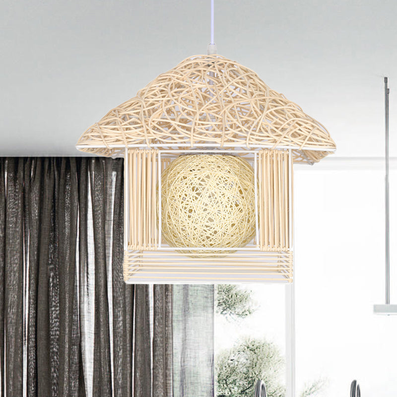 Beige/Brown/White House Shaped Hanging Light Rustic Rattan 1 Head Drop Light for Dining Room