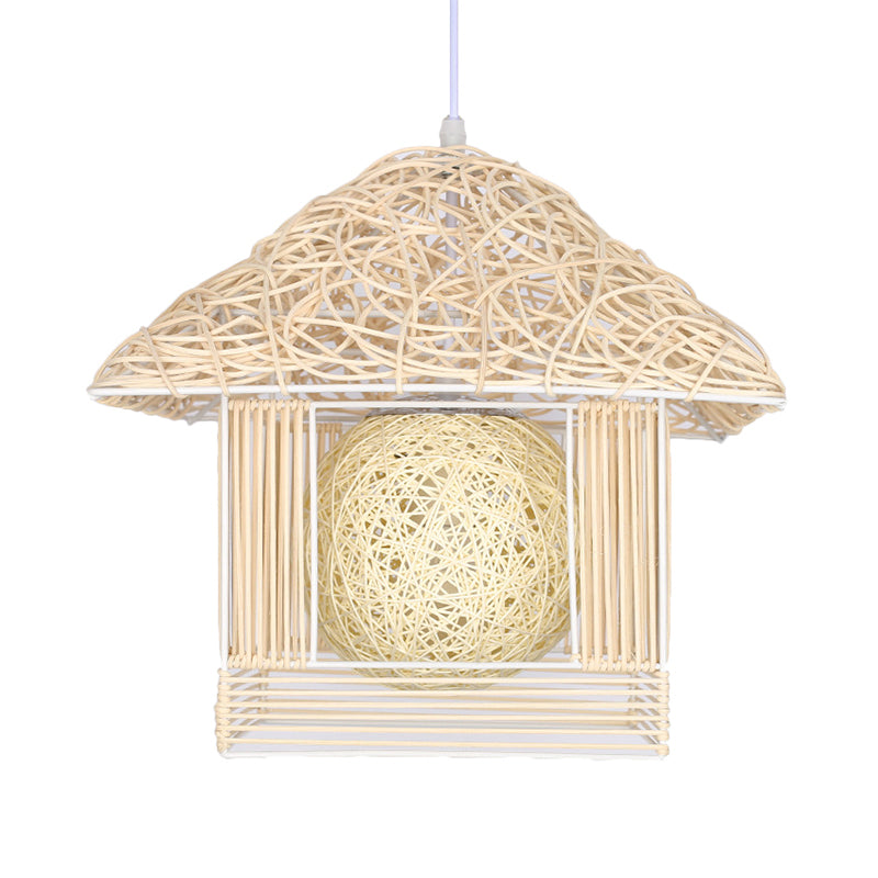 Beige/Brown/White House Shaped Hanging Light Rustic Rattan 1 Head Drop Light for Dining Room