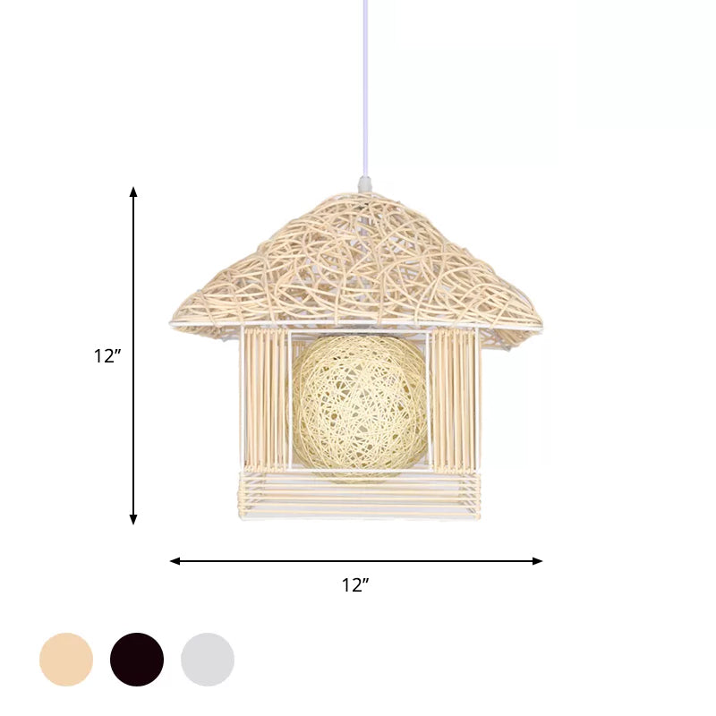 Beige/Brown/White House Shaped Hanging Light Rustic Rattan 1 Head Drop Light for Dining Room