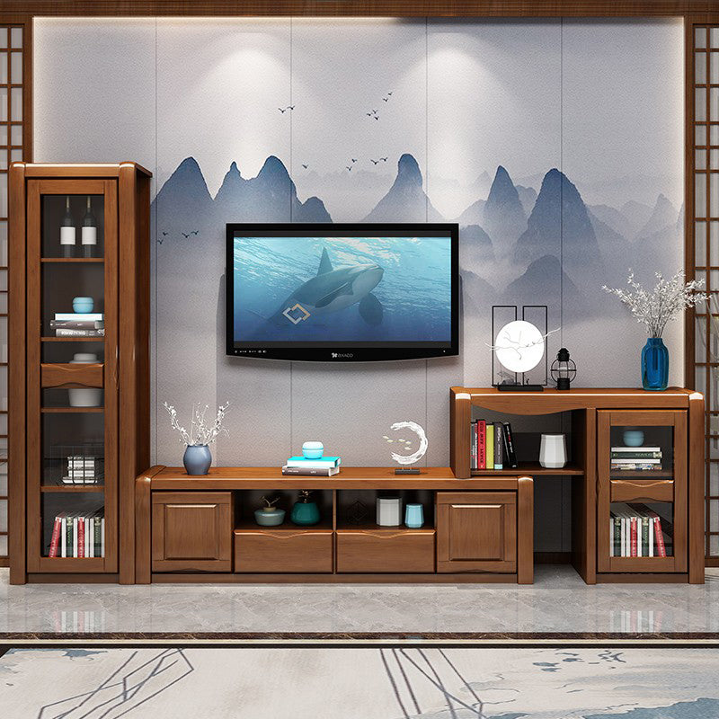 Rubber Wood TV Stand Contemporary TV Cabinet with Doors and Drawers