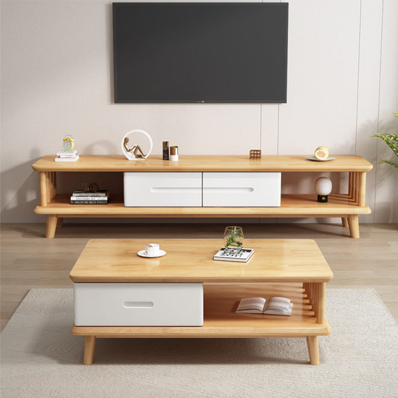 Contemporary Solid Wood TV Console 2-open Shelf TV Stand with Drawers