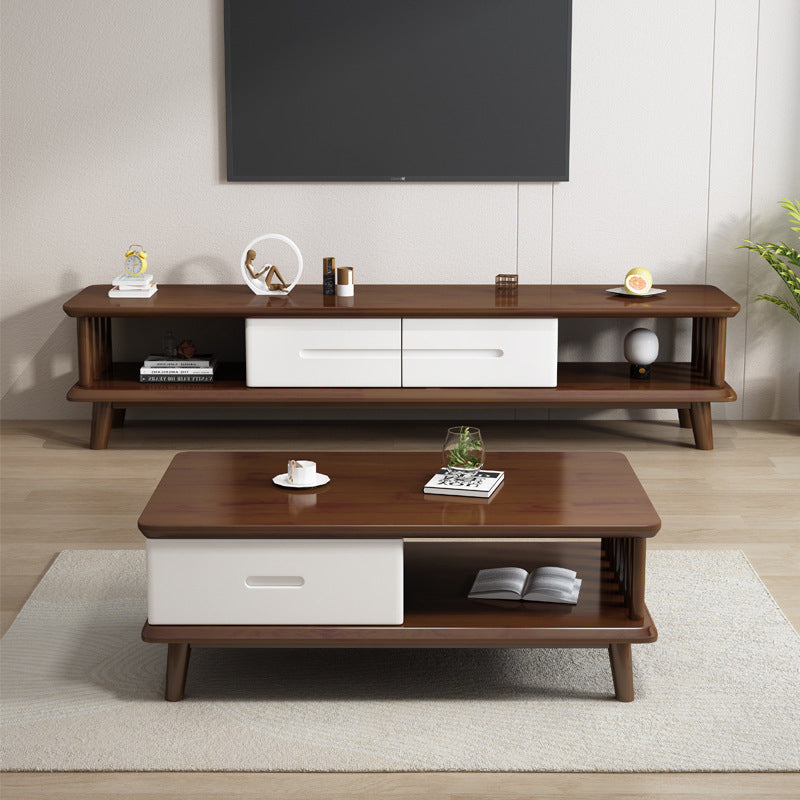 Contemporary Solid Wood TV Console 2-open Shelf TV Stand with Drawers