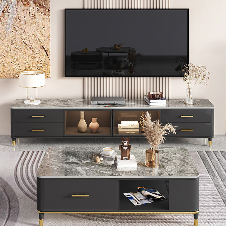 Stone Top Media Console Contemporary TV Media Stand with Metal Legs