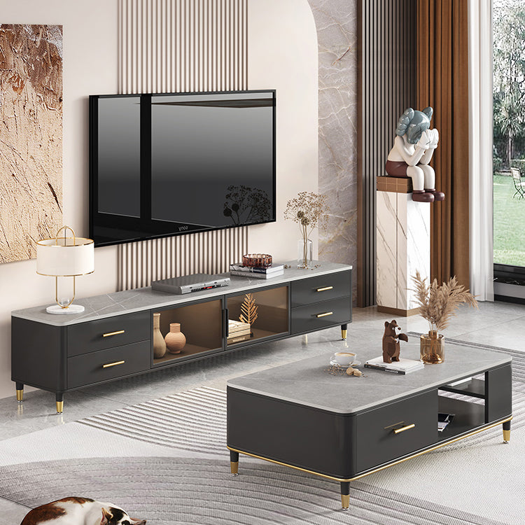 Stone Top Media Console Contemporary TV Media Stand with Metal Legs