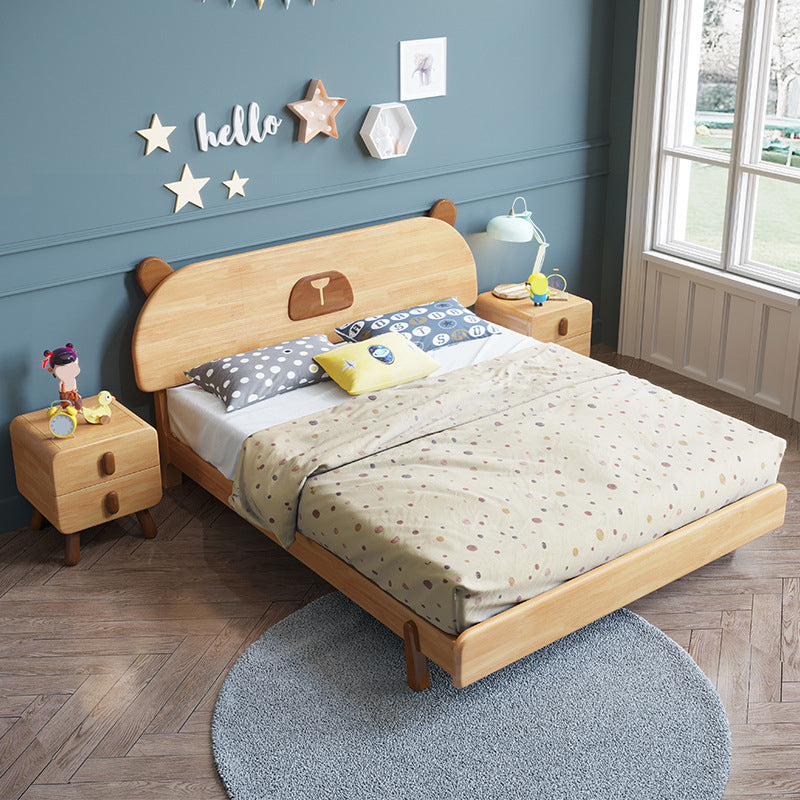 Scandinavian Natural Bed with Wooden Legs and Oval Penal Headboard