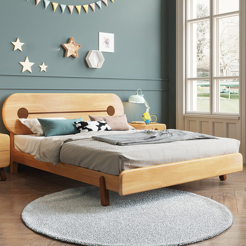 Scandinavian Natural Bed with Oval Penal Headboard in Rubberwood