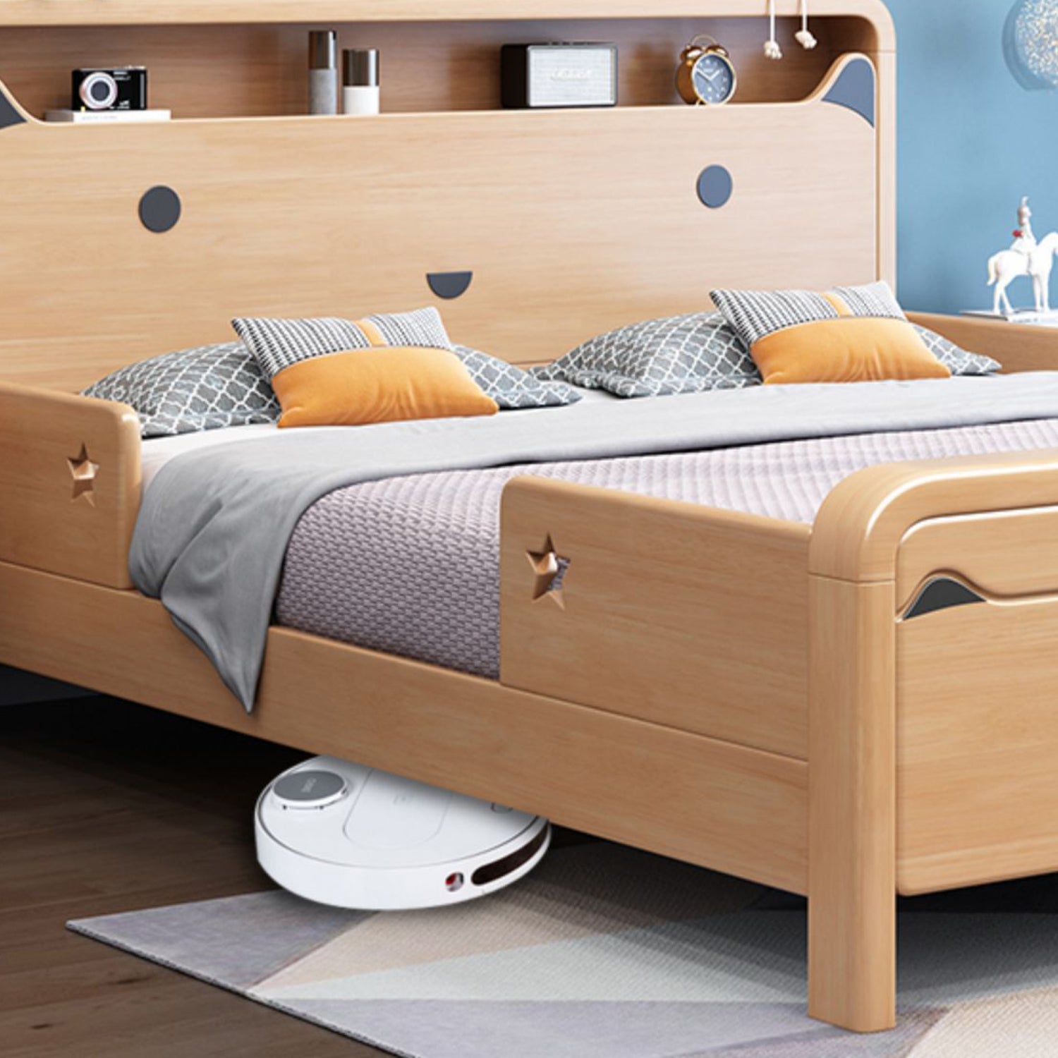 Kid Room Panel Headboard Bed with Guardrail (Bedside Table Not Included)