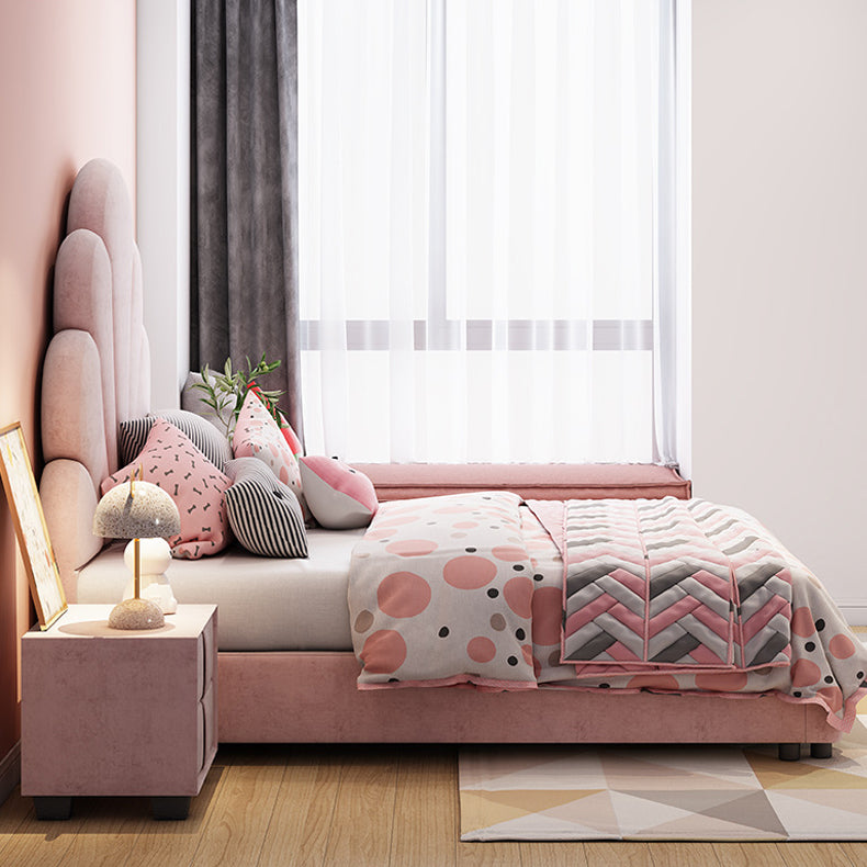 Contemporary Pink Bed with Upholstered and Panel Headboard in Pine Wood