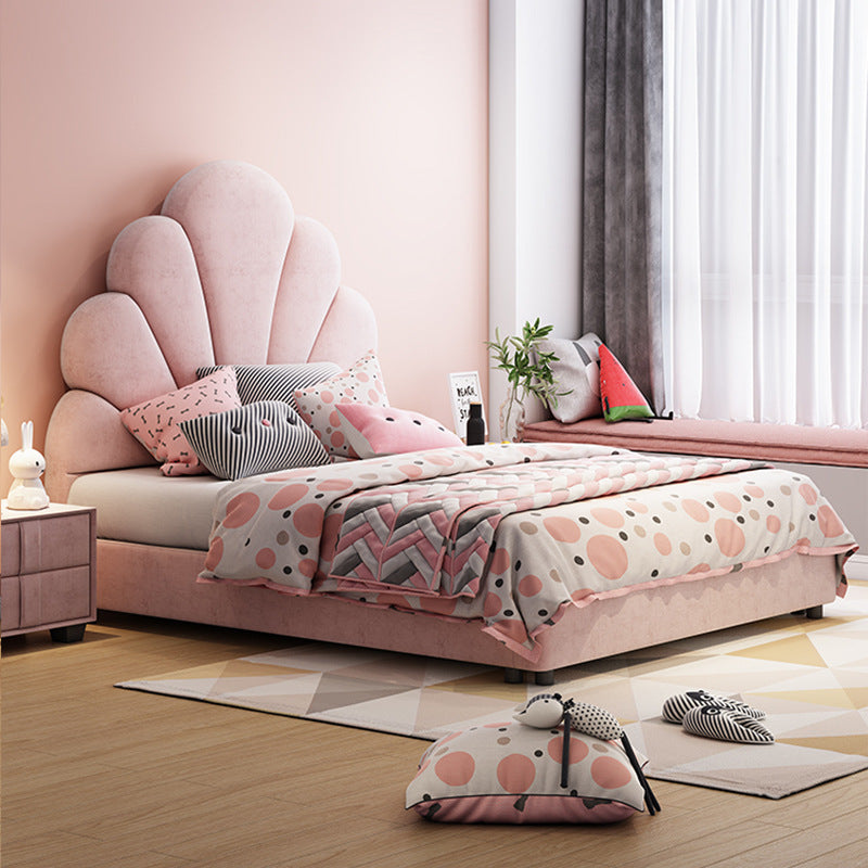 Contemporary Pink Bed with Upholstered and Panel Headboard in Pine Wood