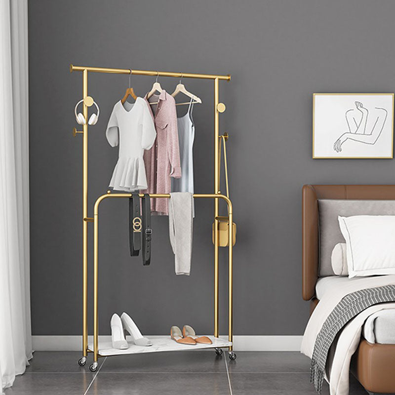 Luxurious Metallic Coat Hanger Free Standing Hooks Design Coat Rack with Universal Wheel