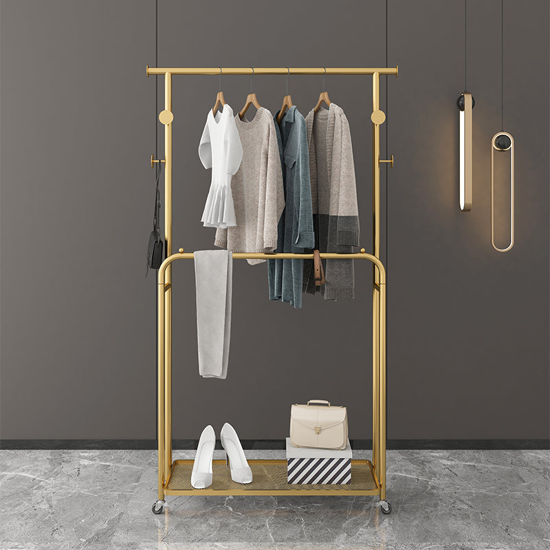 Luxurious Metallic Coat Hanger Free Standing Hooks Design Coat Rack with Universal Wheel