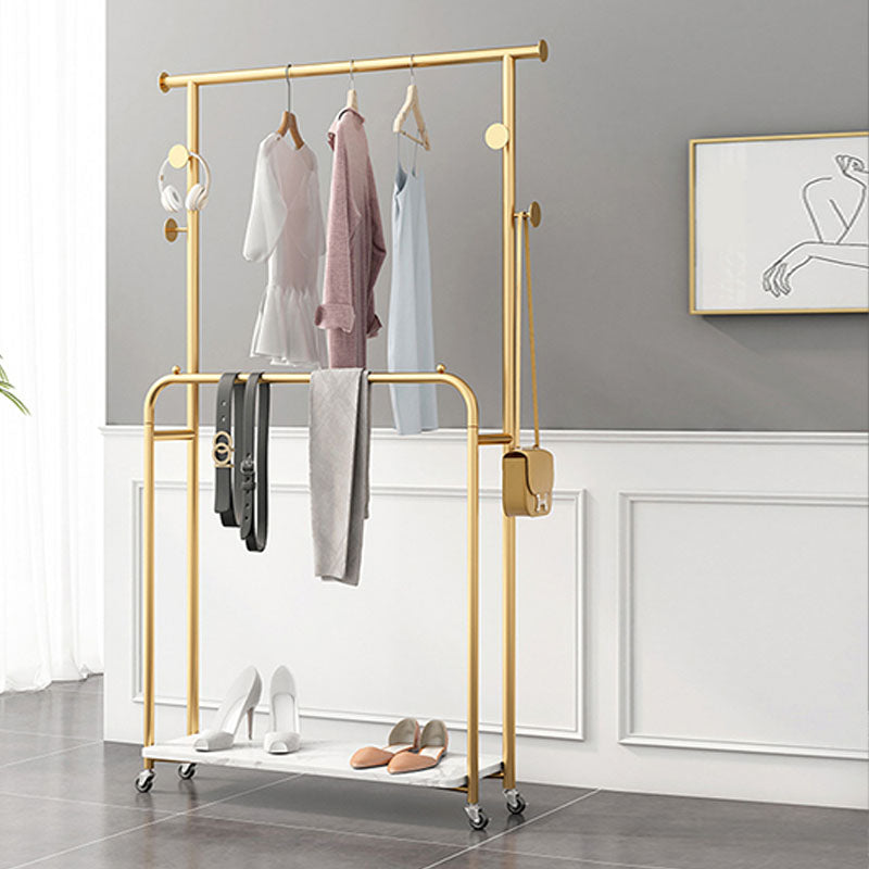 Luxurious Metallic Coat Hanger Free Standing Hooks Design Coat Rack with Universal Wheel