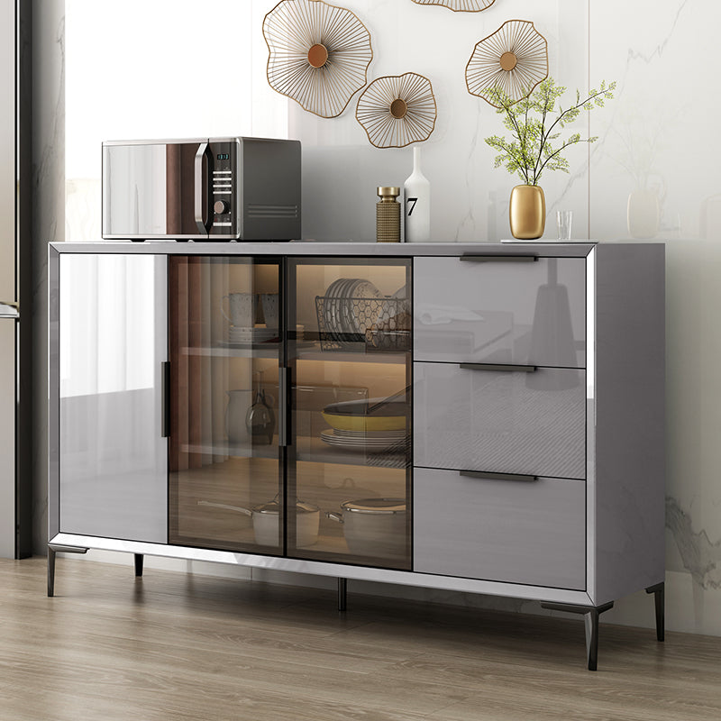 Gray Engineered Wood Sideboard Table Modern Buffet Server with Glass Doors