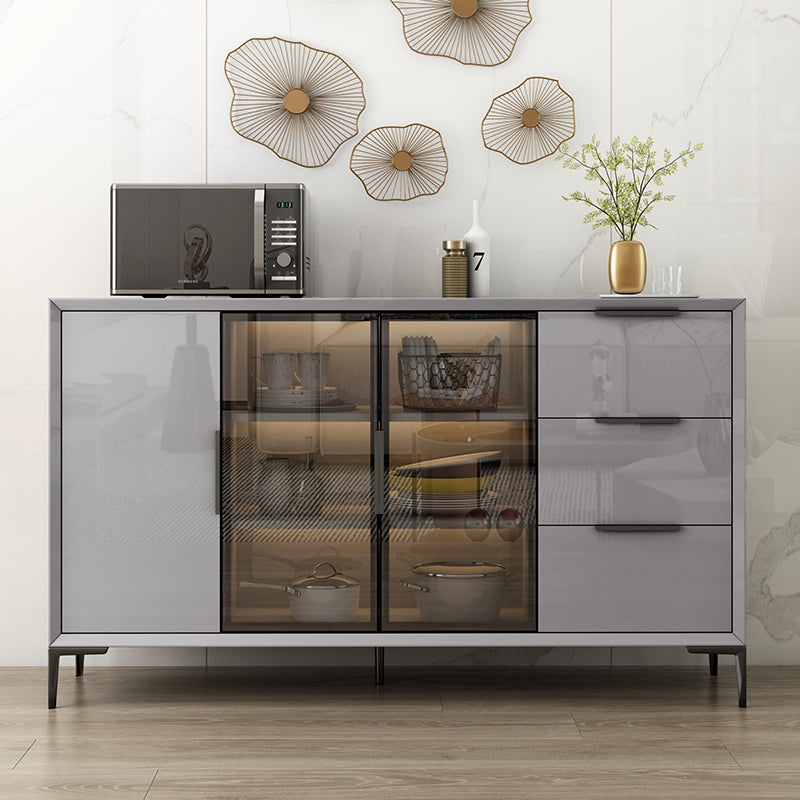 Gray Engineered Wood Sideboard Table Modern Buffet Server with Glass Doors