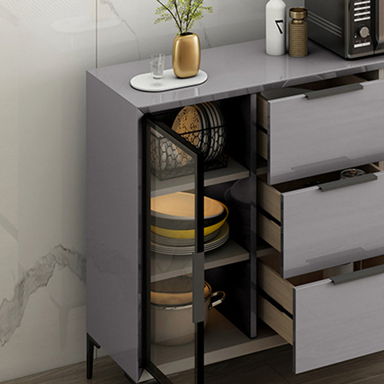 Gray Engineered Wood Sideboard Table Modern Buffet Server with Glass Doors