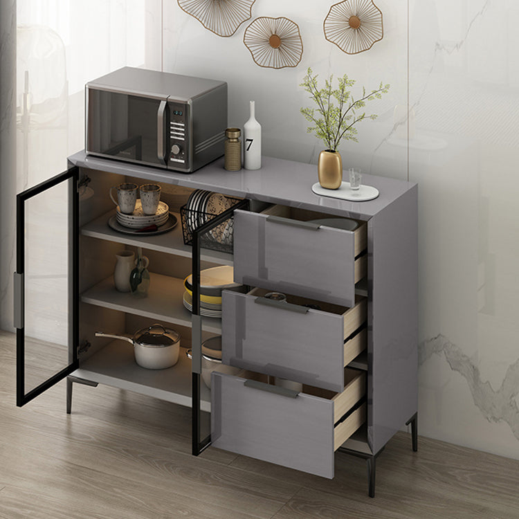 Gray Engineered Wood Sideboard Table Modern Buffet Server with Glass Doors