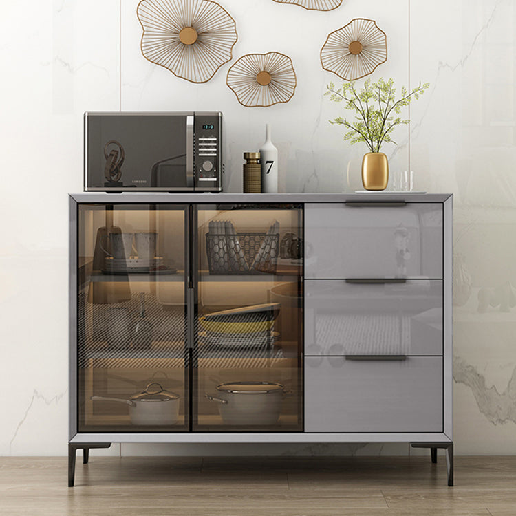 Gray Engineered Wood Sideboard Table Modern Buffet Server with Glass Doors