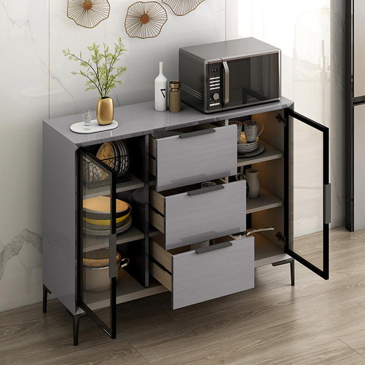 Gray Engineered Wood Sideboard Table Modern Buffet Server with Glass Doors