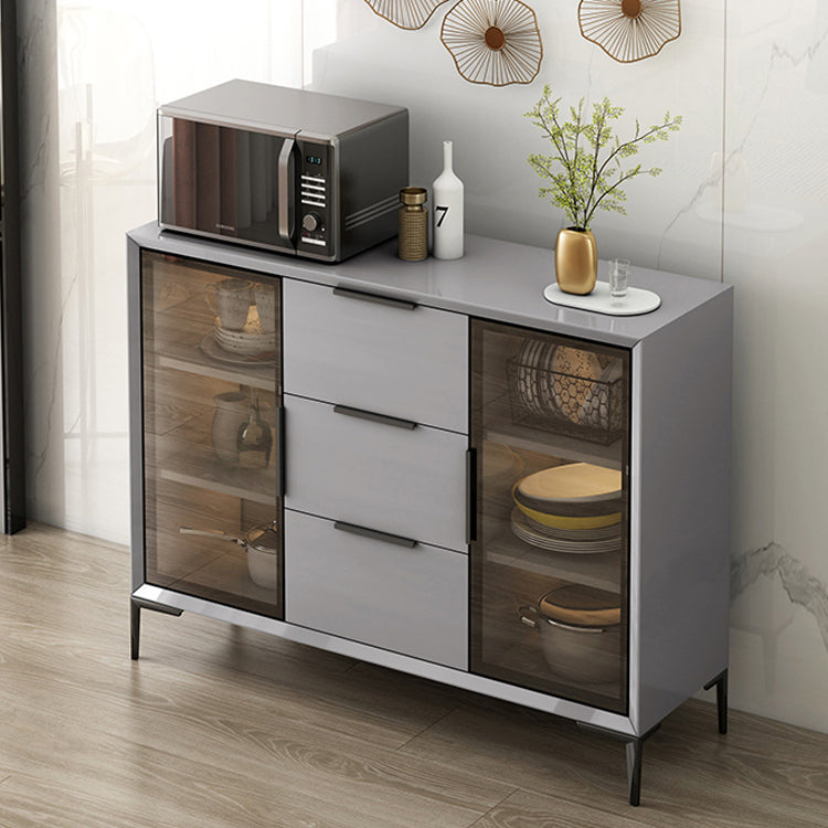 Gray Engineered Wood Sideboard Table Modern Buffet Server with Glass Doors