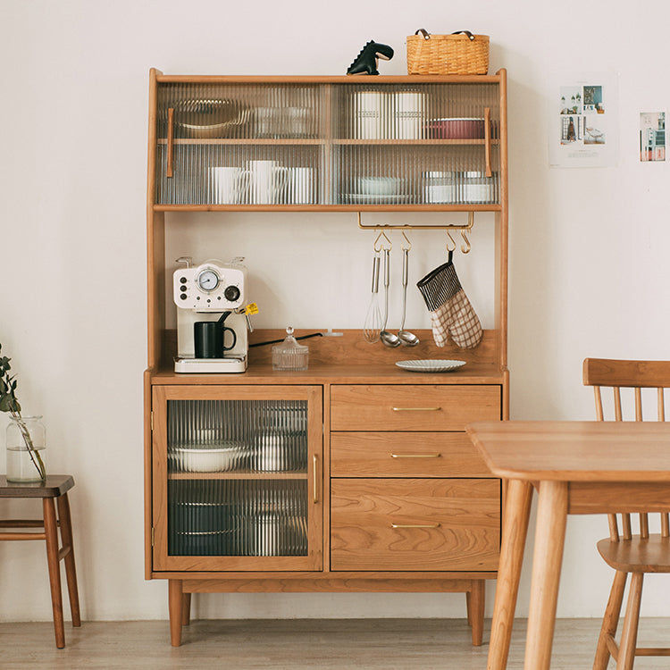 3-drawer Dining Server Pine Solid Wood Buffet Server with Glass Doors