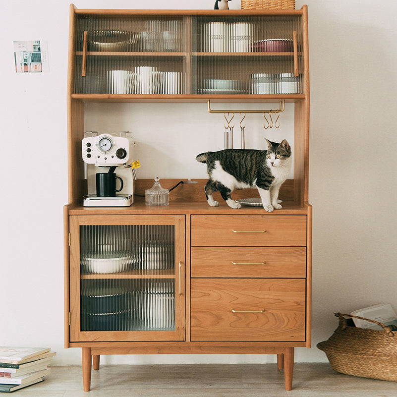 3-drawer Dining Server Pine Solid Wood Buffet Server with Glass Doors