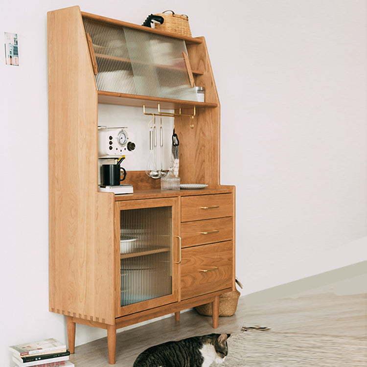 3-drawer Dining Server Pine Solid Wood Buffet Server with Glass Doors