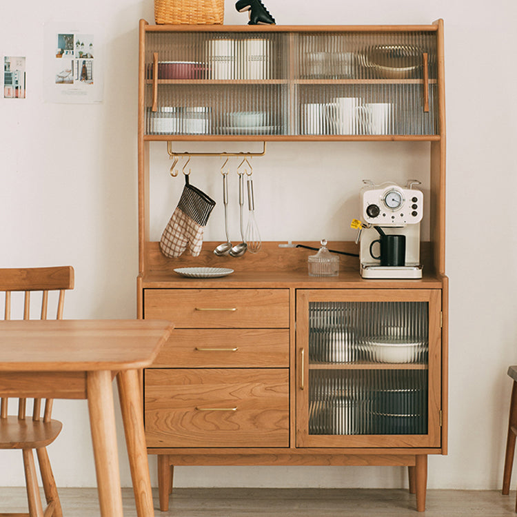 3-drawer Dining Server Pine Solid Wood Buffet Server with Glass Doors