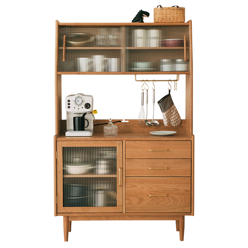 3-drawer Dining Server Pine Solid Wood Buffet Server with Glass Doors