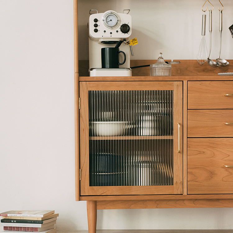 3-drawer Dining Server Pine Solid Wood Buffet Server with Glass Doors