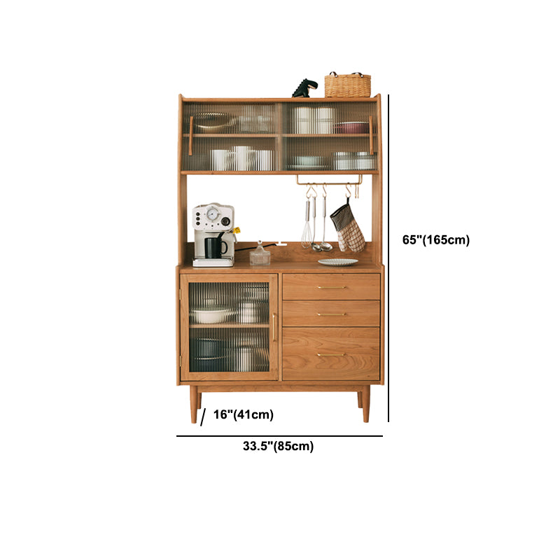 3-drawer Dining Server Pine Solid Wood Buffet Server with Glass Doors